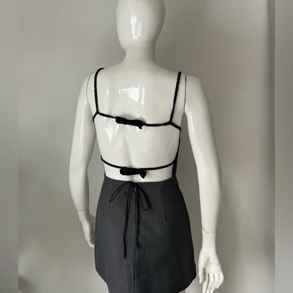 Backless Bow Detail Mini Dress – Charcoal Grey Structured Party Dress - Picture 7 of 7
